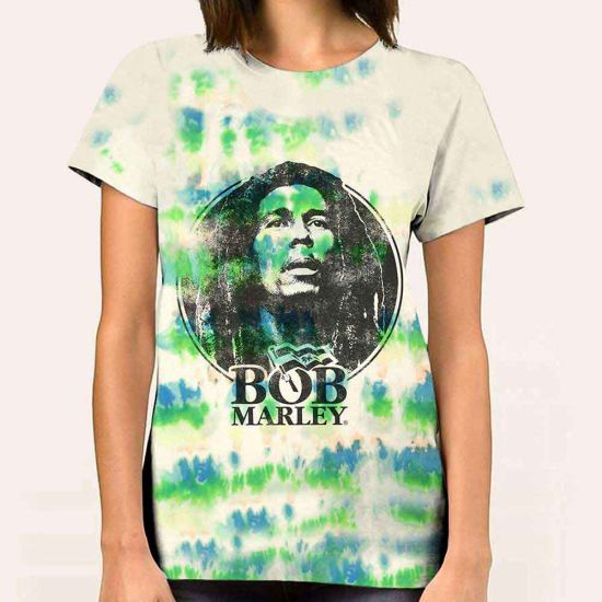 Bob Marley: Black & White Logo (Dip Dye, Dye Wash) - Dip-dye On White T-Shirt
