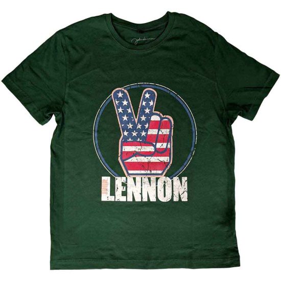 John Lennon: Peace Fingers US Flag - Green T-Shirt
