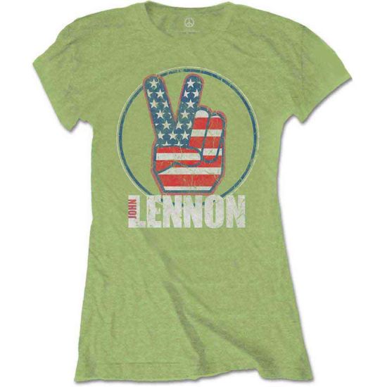 John Lennon: Peace Fingers US Flag - Ladies Kiwi Green T-Shirt