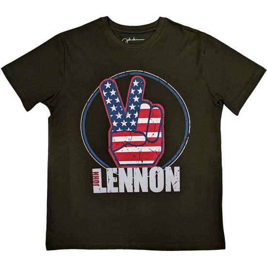 John Lennon: Peace Fingers US Flag - Military Green T-Shirt
