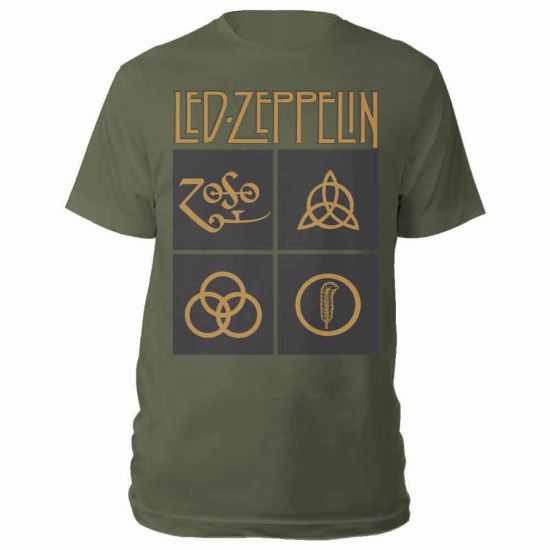 Led Zeppelin: Gold Symbols in Black Square - Green T-Shirt