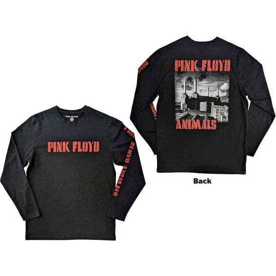 Pink Floyd: Animals B&W (Back Print, Sleeve Print) - Black Long Sleeve T-Shirt