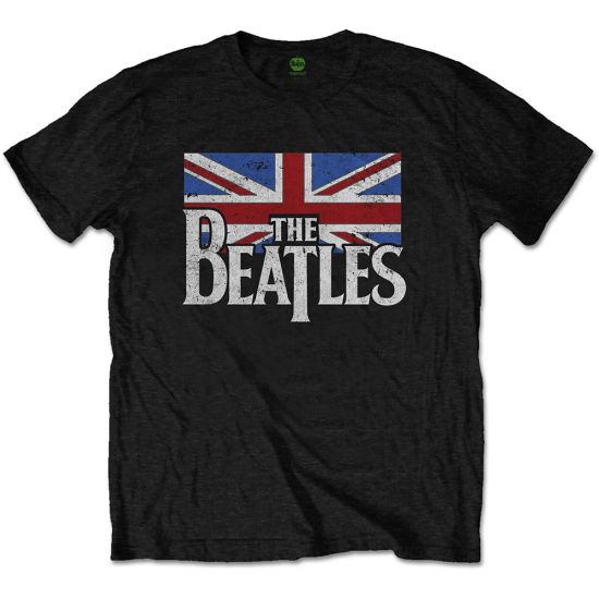 The Beatles: Drop T Logo & Vintage Flag - Black T-Shirt