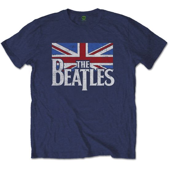 The Beatles: Drop T Logo & Vintage Flag - Navy Blue T-Shirt