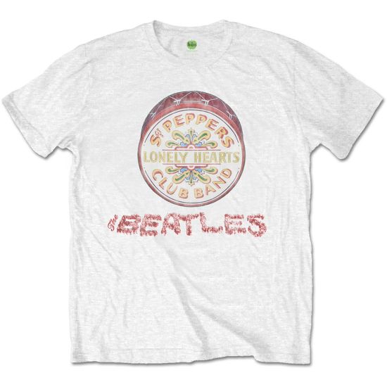 The Beatles: Flowers Logo & Drum - White T-Shirt