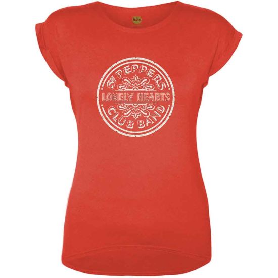 The Beatles: Sgt Pepper Drum (Embellished) - Ladies Red T-Shirt