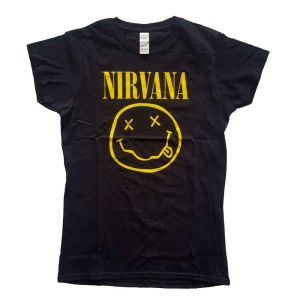 Nirvana: Yellow Happy Face - Ladies Black T-Shirt