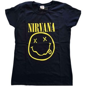 Nirvana: Yellow Happy Face - Ladies Navy Blue T-Shirt