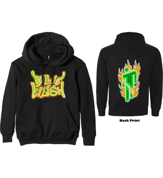 Billie Eilish: Airbrush Flames Blohsh (Back Print) - Black Pullover Hoodie