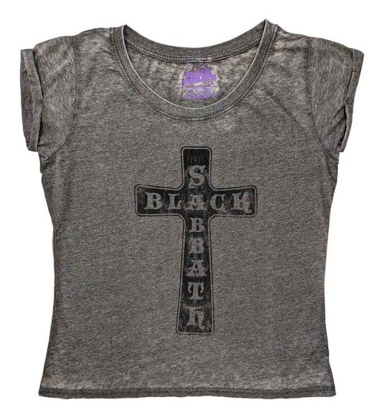 Black Sabbath: Vintage Cross (Burnout) - Ladies Charcoal Grey T-Shirt