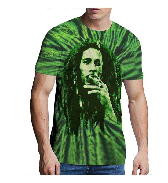 Bob Marley: Smoke (Dye Wash, Tie Dye) - Green T-Shirt