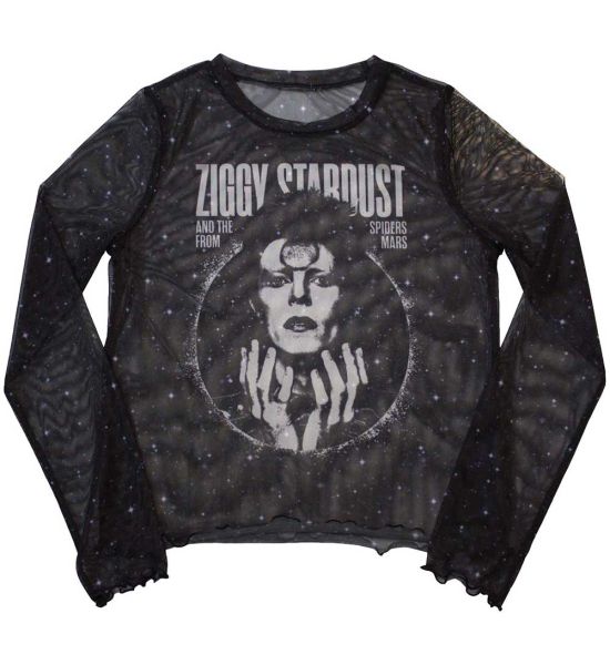 David Bowie: Ziggy v1 (Mesh, Sublimation Print) - Black Ladies Long Sleeve T-Shirt