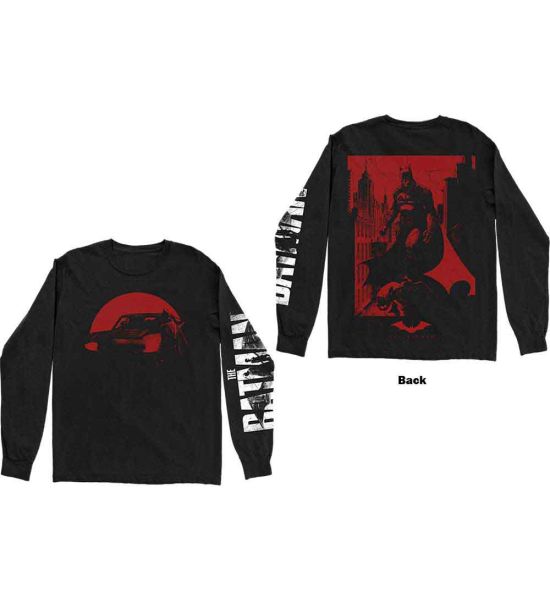 DC Comics: The Batman Red Car & Figure (Back Print, Sleeve Print) - Black Long Sleeve T-Shirt