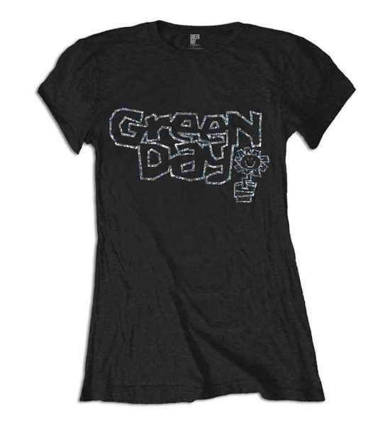 Green Day: Flower Pot (Embellished) - Ladies Black T-Shirt