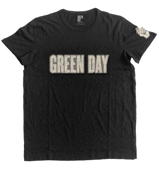 Green Day: Logo & Grenade (Applique) - Black T-Shirt