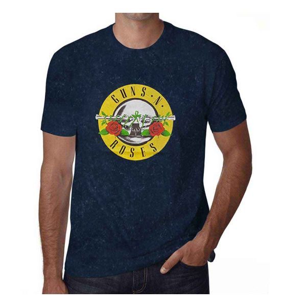 Guns N' Roses: Classic Logo (Snow Wash, Dye Wash) - Navy Blue T-Shirt