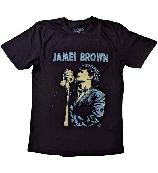 James Brown: Holding Mic - Black T-Shirt