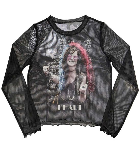 Janis Joplin: Pearl Garden (Mesh, Sublimation Print) - Black Ladies Long Sleeve T-Shirt