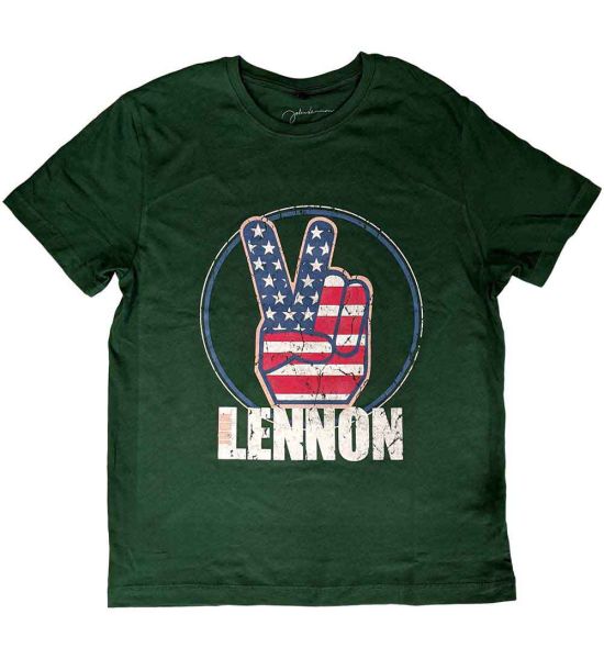 John Lennon: Peace Fingers US Flag - Green T-Shirt