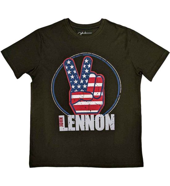 John Lennon: Peace Fingers US Flag - Military Green T-Shirt