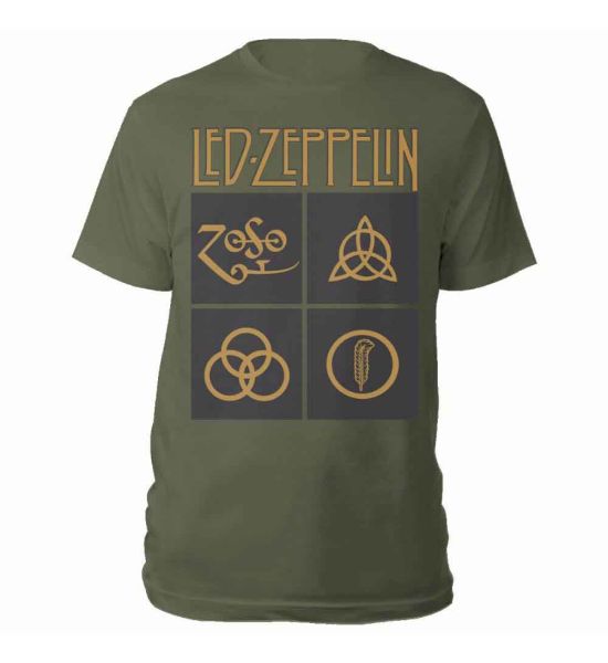 Led Zeppelin: Gold Symbols in Black Square - Green T-Shirt