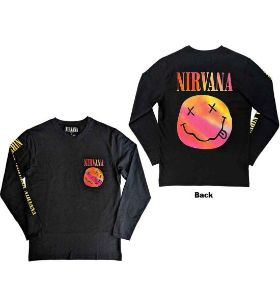 Nirvana: Gradient Happy Face (Back Print, Sleeve Print) - Black Long Sleeve T-Shirt