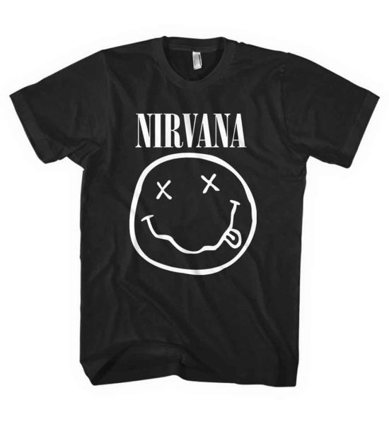 Nirvana: White Happy Face - Black T-Shirt