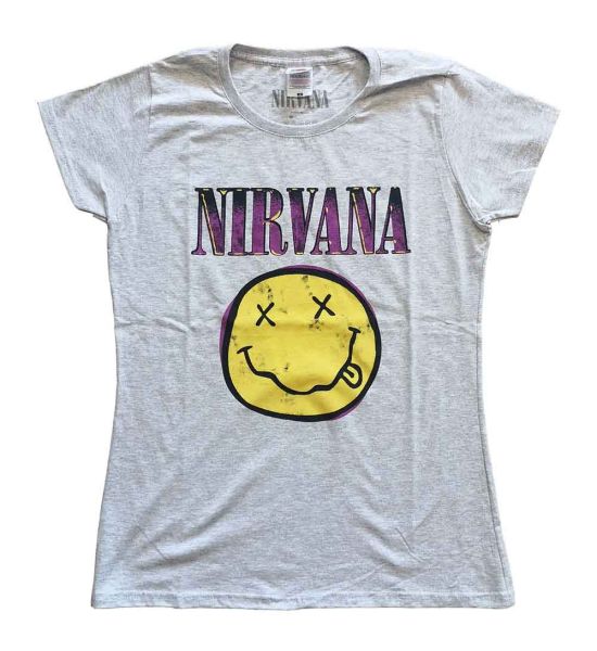 Nirvana: Xerox Happy Face Pink - Ladies Heather Grey T-Shirt