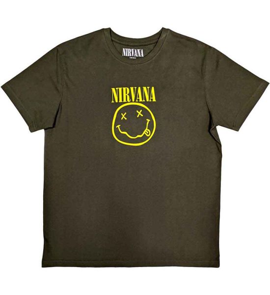 Nirvana: Yellow Happy Face - Green T-Shirt