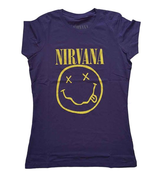 Nirvana: Yellow Happy Face - Ladies Purple T-Shirt