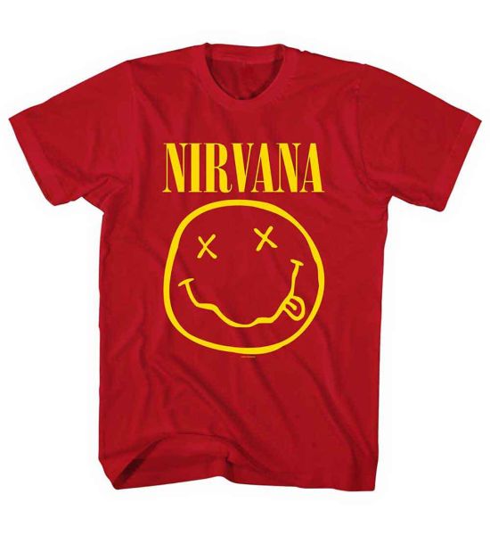 Nirvana: Yellow Happy Face - Red T-Shirt