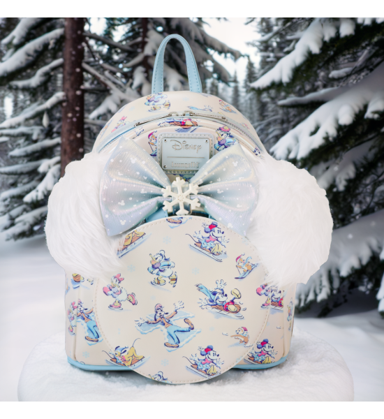 Loungefly: Disney Mickey and Friends Winter Wonderland AOP Mini Backpack with Headband Preorder