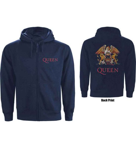 Queen: Classic Crest (Back Print) - Navy Blue Zip-up Hoodie