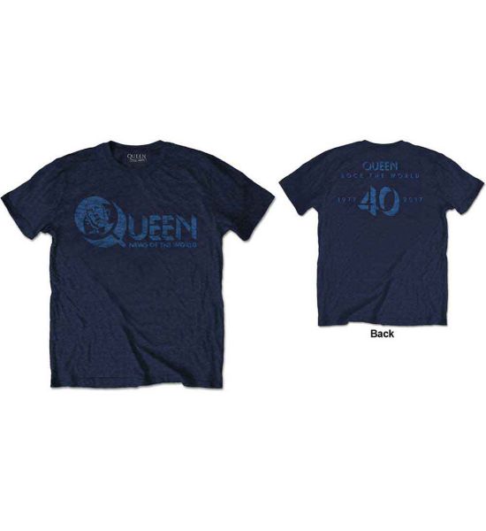 Queen: News of the World 40th Vintage Logo (Back Print) - Navy Blue T-Shirt