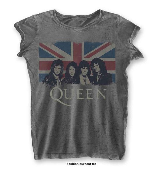 Queen: Vintage Union Jack (Burnout) - Ladies Charcoal Grey T-Shirt