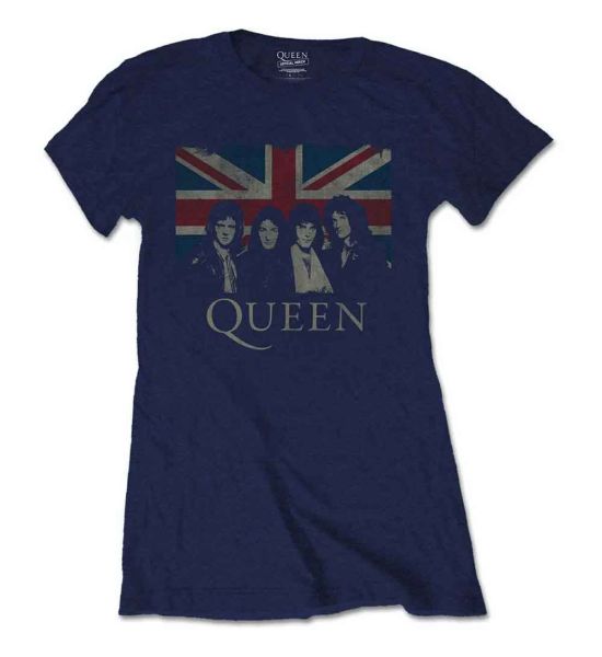 Queen: Vintage Union Jack - Ladies Navy Blue T-Shirt