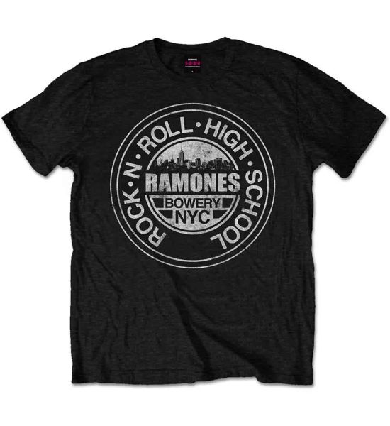 Ramones: Rock 'n Roll High School, Bowery, NYC - Black T-Shirt