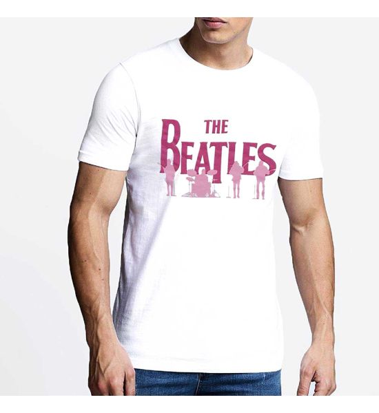 The Beatles: Band Silhouettes (Hi-Build, Puff Print) - White T-Shirt