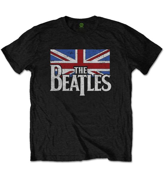 The Beatles: Drop T Logo & Vintage Flag - Black T-Shirt