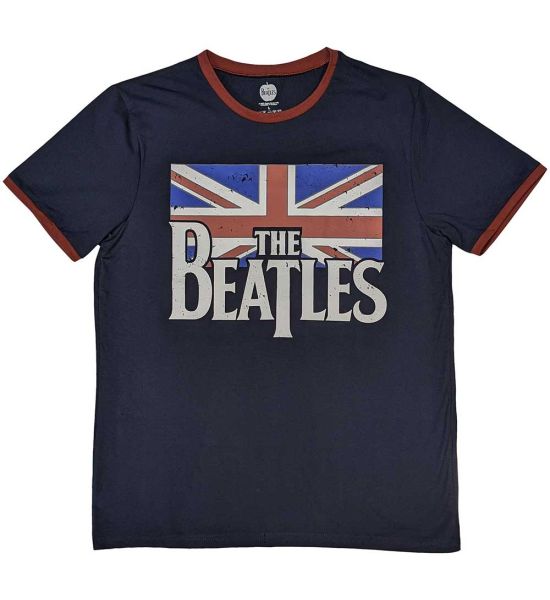 The Beatles: Drop T Logo & Vintage Flag - Navy Blue T-Shirt