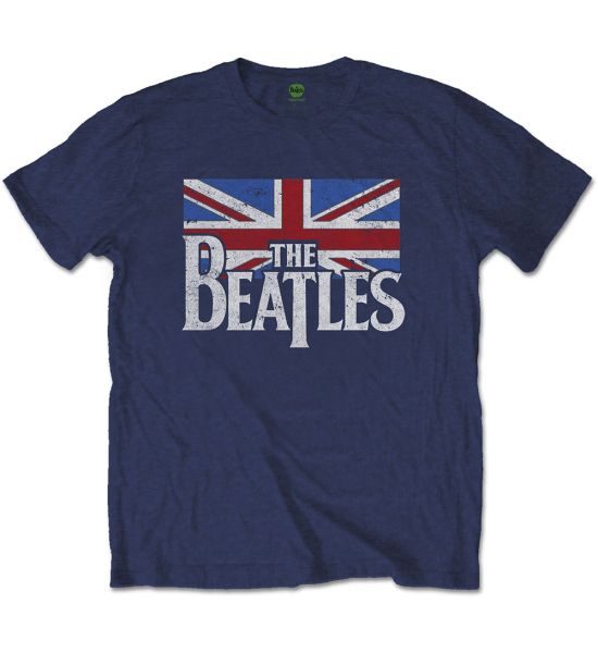 The Beatles: Drop T Logo & Vintage Flag - Navy Blue T-Shirt