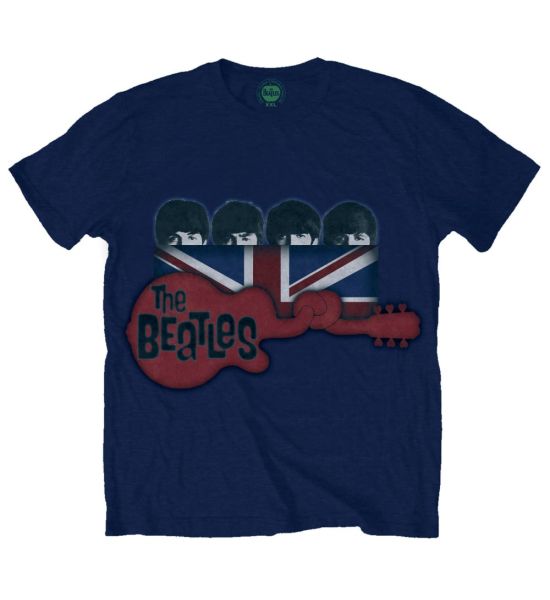 The Beatles: Guitar & Flag - Navy Blue T-Shirt