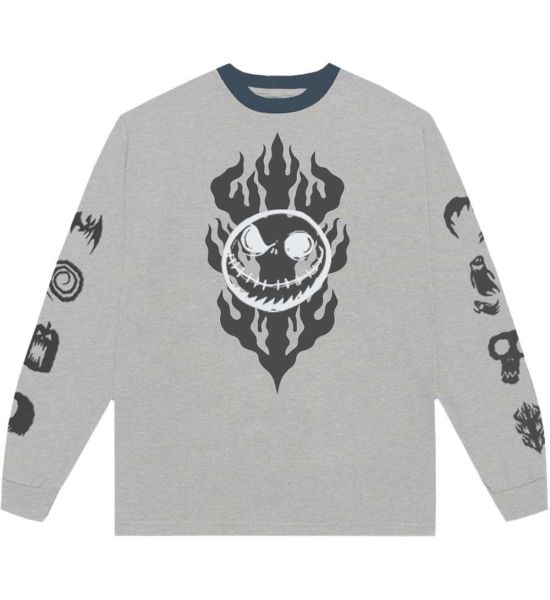 The Nightmare Before Christmas: Flaming Jack (Puff Print, Embroidery, Sleeve Print) - Grey Long Sleeve T-Shirt