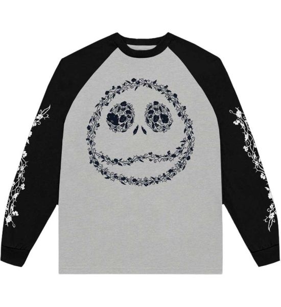 The Nightmare Before Christmas: Floral Jack (Embroidery, Sleeve Print) - Black, Grey Raglan T-Shirt