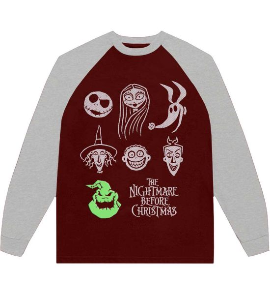 The Nightmare Before Christmas: Stacked Faces (Puff Print, Embroidery) - Grey,Red Raglan T-Shirt