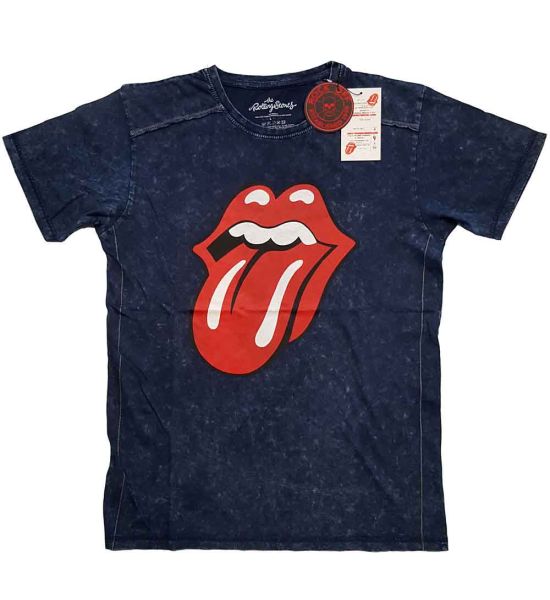 The Rolling Stones: Classic Tongue (Snow Wash, Dye Wash) - Navy Blue T-Shirt