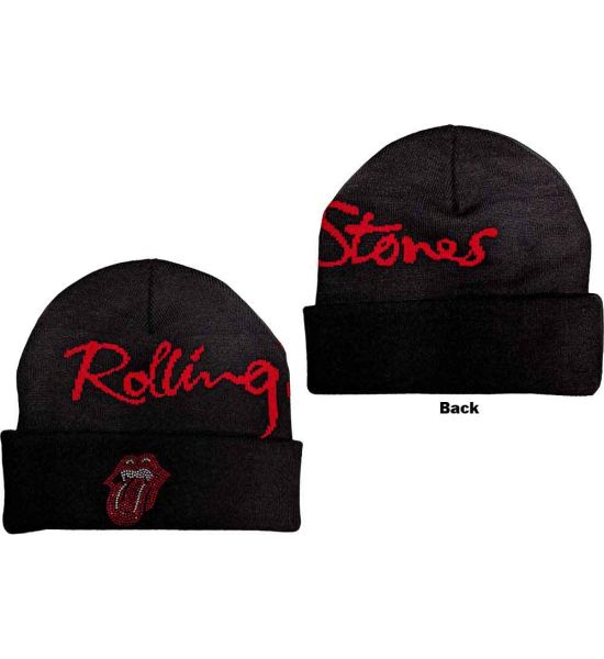 The Rolling Stones: Embellished Classic Tongue (Rhinestones, Embellished, Diamantes, Back Print) - Black Beanie Hat Preorder