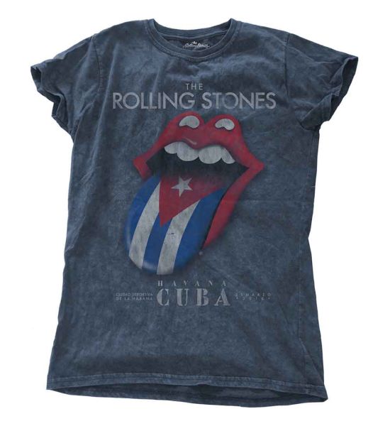 The Rolling Stones: Havana Cuba (Snow Wash, Dye Wash) - Ladies Denim Blue T-Shirt