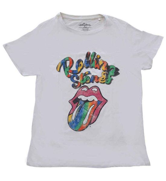 The Rolling Stones: Multicolour Tongue - Ladies White T-Shirt