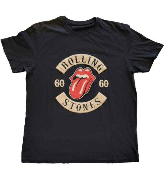 The Rolling Stones: Sixty Biker Tongue (Suede Flock) - Black T-Shirt